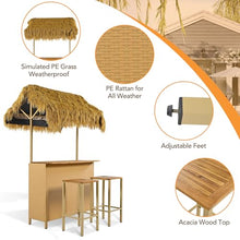 Outdoor Bar Set with PE Grass Canopy, Hawaiian-Style Acacia Wood Table and 4 Bar Stools with Adjustable Feet, Weather-Resistant Wicker, Patio, Backyard, Poolside, Dining and Drinking, Natural