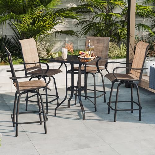 Aoxun 5 Pieces Outdoor Bar Sets Textilene Outdoor Bar Stools Set of 4 with High Table Height Bar Bistro Set All-Weather Patio Furniture, Brown