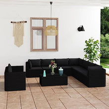 GFMGUEMV 11 Piece Patio Lounge Set with Cushions, Black Wicker PE Rattan Modular Furniture with Tempered Glass Coffee Table
