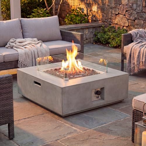 COSIEST Square Outdoor Sandstone Propane Fire Pit w Wind Guard, Certified, 50,000 BTU Stainless Steel Burner, 35-inch, Free Lava Rocks and Rain Cover, Tank Outside, Metal Lid (Gray)