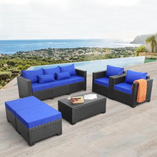 HTERWQEA 6 Piece Patio Furniture Set Outdoor Wicker Sectional Sofa, Conversation Couch with Royal Blue Cushions