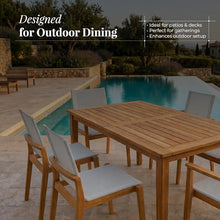 POVL Outdoor Menlo 7-Piece Teak Hardwood Patio Dining Set for 6 — 63" x 35.5” Compact Rectangular Grade A Teak Table, 2 Stacking Armchairs & 4 Stacking Side Chairs - for Small Patios & Decks (Winter)
