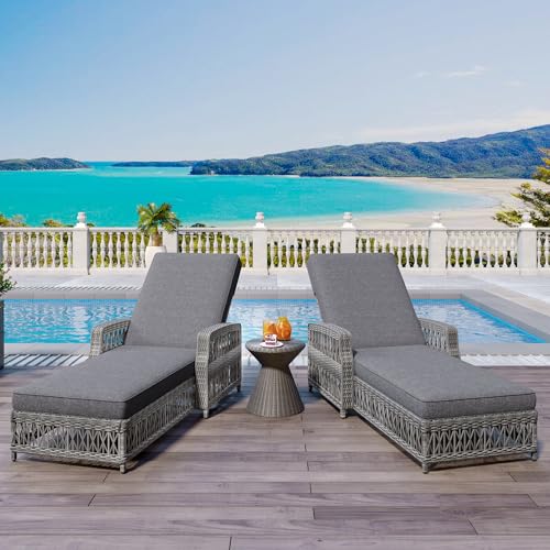 Merax Outdoor Rattan Chaise Lounge Set of 2, All Weather Wicker Patio Reclining Chairs with 4 Adjustable Backrest and Armrests, Sunbathing Recliner & Soft Removable Cushions for Poolside, Garden, Gray
