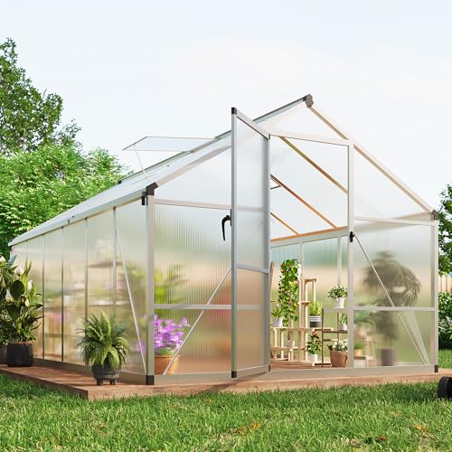 8 X 12 FT Greenhouse, Outdoor Greenhouses, Polycarbonate Panels with Aluminum Frame, Adjustable Roof Vent and Lockable Door, Green Houses for Outside Backyard, Garden, Patio