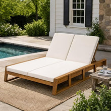 Christopher Knight Home Acacia Wood Outdoor Double Chaise Lounge with Adjustable Backrest Patio Daybed with Thick Cushions for Poolside Backyard Balcony Natural Finish Beige Cushion
