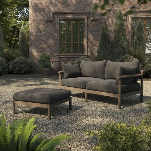 Modway Eleni 2-Piece Outdoor Teak Wood Loveseat with Ottoman Set in Weathered Gray Flint – 2 Seater Patio Sofa Couch with Square Footstool