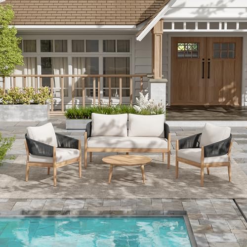 roomfitters Outdoor Chat Set 4 Piece Acacia Wood Rope Woven Seating Cushioned, Natural Black