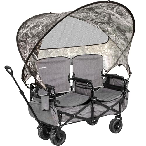 Lawn Chariot, Folding Wagon with 2 Adult Seats & UPF 50+ Canopy, Under-Seat Storage, All-Terrain Wheels, Camouflage Canopy