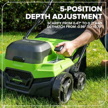 Greenworks 48V (24V x 2) 15” Cordless Lawn Scarifier & Dethatcher, Includes (2) 4.0Ah Batteries & 65W Charger, Adjustable Depth Lawn Groomer, Yard Thatch Grass Remover for Backyard, Garden Care
