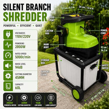 MIAOXIAOLONG Wood Chipper Shredder, 1.8" Cutting Diameter | Electric Chipper with 60L Collection Bin & Portable Wheels, 2800W Electric Mulcher Shredder for Mulching, Yard, Green