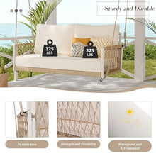 Praxatek Woven Rope Outdoor Porch Swing Sofa with Cushions, 2-Person, Iron Frame, Beige, 51.6" L x 26.4" W x 20.1" H (White Steel)
