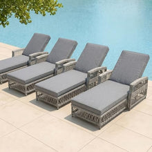 Merax Outdoor Rattan Chaise Lounge Set of 4, All-Weather Patio Recliners with 4-Position Adjustable Backrests, Armrests, and Removable Cushions for Poolside & Garden, Grey