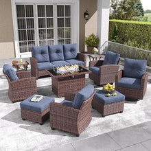 LayinSun 10-Piece Patio Furniture Set with Swivel Chairs and Fire Pit Table Brown/Navy Blue