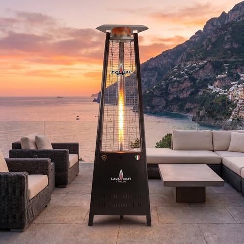 The Capri Patio Heater by Lava Heat Italia, Liquid Propane Compact Flame Tower in Heritage Bronze, Italian-Designed Triangle Chassis Outdoor Heater for Balconies, Small Patios, and Residential Use