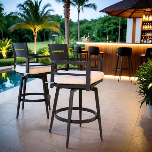 WAQINBR Aluminum Patio Swivel Bar Chair Set of 2, Modern Outdoor Bar Stool with 360°Rotation & Comfort Cushion, Weather-Resistant Frame, for Backyard, Poolside,Kitchen Island,Cast Silver
