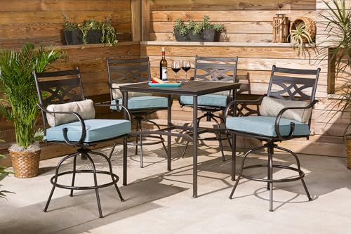Hanover Montclair All-Weather 5-Piece Outdoor Dining Set with Cushioned Swivel Chairs and Stamped-Top Table Blue