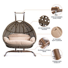 2-Person Wicker Hanging Egg Chair with Stand, 652 lbs Heavy Duty 2-Seat Rattan Swing Loveseat, Breathable Cushion, Indoor Outdoor Nest Basket Hammock Chair for Patio, Garden & Bedroom(Beige+Brown)