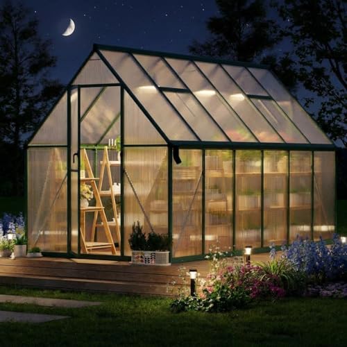 CABIHOME 8x12 ft Outdoor Greenhouse Kit, Heavy Duty Polycarbonate Greenhouse with Reinforced Aluminum Frame, Adjustable Roof Vent, Lockable Door & Quick-Connect System for All Seasons