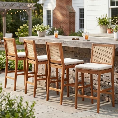 Christopher Knight Home Kirkby Outdoor Counter Height Bar Stools Set of 4, Acacia Wood Counter Stools with Wicker Backrest, Patio Bar Chairs with Cushion for Outdoor Bar Table, Teak + Beige + Yellow