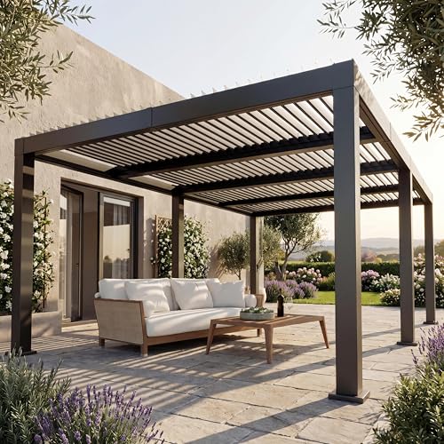 Louvered Pergola 12' x 20' Outdoor Hardtop Gazebo, Adjustable Aluminum Roof with Integrated Drainage, Reinforced All-Weather Frame for Patio Deck Backyard, Gray