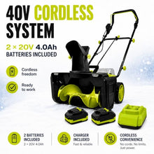 40V Cordless Snow Blower, 3500W Brushless Electric Snow Thrower with 2 x 4.0Ah Batteries, 20" Path, 10" Depth, 25ft Throw, Dual LED Lights, 180° Adjustable Chute for Home and Garage