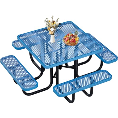 46" Square Top Outdoor Picnic Table Set for Up to 8 Persons, Outside Table Set with 4 Built-in Benches, Metal Commercial Grade Dining Furniture with Umbrella Hole for Garden, Backyard, Patio, Blue