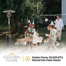 Golden Flame XL-Series Natural Gas Patio Heater, 45,000 BTU, 89" Tall, Push-Button Ignition, Anti-Tilt Safety, Wheels, Hammered Silver/Pewter