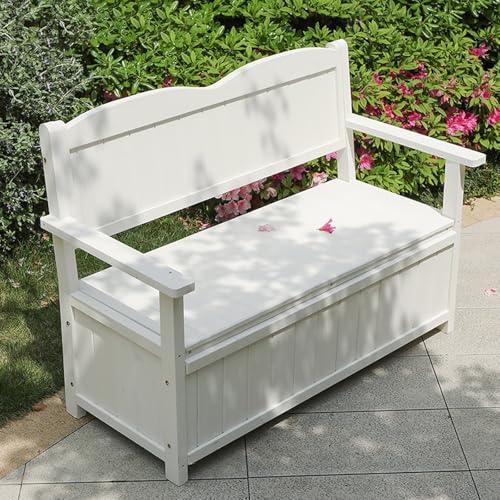 JINGSHIQIAOPL Outdoor Storage Bench Wooden, 2-Person Wood Bench Outdoor, 47'' Patio Storage Bench with 40 Gal Inner Space for Patio, Garden, Balcony, Yard(White)