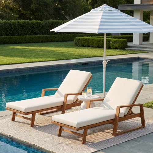 Christopher Knight Home Barde Set of 2 Patio Chaise Lounge Chair Outdoor with Cushion, Acacia Wood Poolside Sun Lounger with Armrests, 4-Position Adjustable Backrest Pool Lounger, Beige + Teak