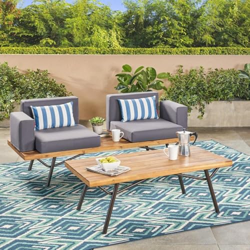 Hassyee Industrial Loveseat with Wooden Coffee Table and Metal Legs for Two Person, Patio Bistro Set with Soft Cushions for Balcony, Living Room, Lawn, Poolside, Garden (Bistro Set)
