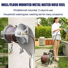 Garden Hose Reel 1/2 Inch Heavy Duty Hose, Outdoor Portable Stainless Steel Hose Storage Stand with Crank, Wall/Floor Mounted Water Pipe Car Roll Hose Holder, Patio Hoses Butler Rack Swivel Bracket