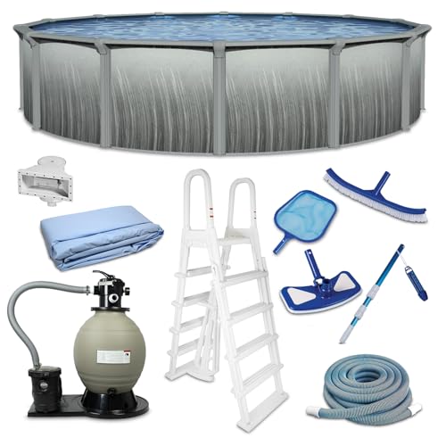 Blue Wave Martinique 18-ft Round 52-in Deep Hard Sided Above Ground Pool Kit with 7-in Steel Top Rails, Dual-Speed Sand Filter System, Ladder, Liner, Skimmer & Maintenance Kit – 7,200 Gallon Cap