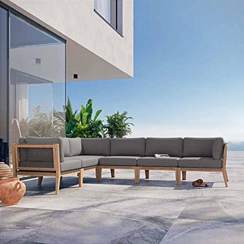 Modway Clearwater Outdoor Patio Teak Wood 6-Piece Sectional Sofa in Gray Graphite
