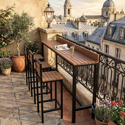 MAAOBR Outdoor Console Table with Back Guard Panel, Extra Long Outdoor Bar Height Table with Weather-Resistant Composite Wood Top & Sturdy Metal Frame, All-Weather Hallway, Balcony, Garden, Backyard