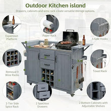 Merax 60.2''W Outdoor Kitchen Island with Wheels, Rolling Patio BBQ Kitchen Cart with Stainless Steel Top, Wood Grill Cart with Spice Rack&Wine Rack,2 Drawers,Gray