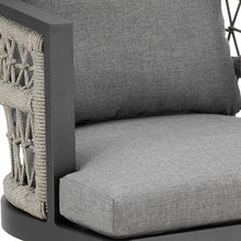 Armen Living Zella Outdoor Patio Swivel Bar Stool in Aluminum with Light Gray Rope and Earl Gray Cushions