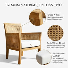 Hives & Honey Salvador Cane Outdoor Lounge Chair with White Cushion, Grade-A Teak Wood Patio Armchair, Resin Wicker Accents, Quick-Dry Foam Cushion, Weather-Resistant Patio Seating