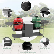 Heavy-Duty Outdoor Grill Cart for Kamado Style BBQ Grills, Steel Barbecue Table with Tool Storage Shelf and Wheels (Black and Silver + Metal + Stainless Steel)