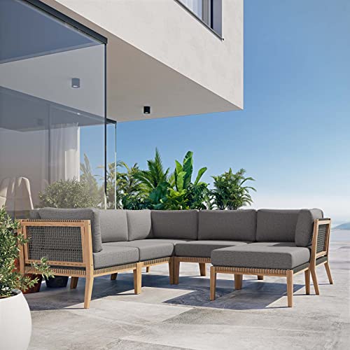 Modway Clearwater Outdoor Patio Teak Wood 6-Piece Sectional Sofa in Gray Graphite