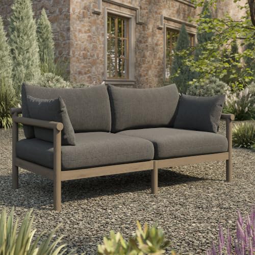 Modway Eleni Outdoor Teak Wood Loveseat in Weathered Gray Flint – 64 Inch Patio 2 Seat Sofa with Sunproof Foam Cushions