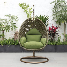 LeisureMod Wicker Rattan Hanging Egg Swing Chair with Stand & Cushion - Dark Green Swing Chair for Indoor/Outdoor, Patio, Bedroom, Lounge Seat