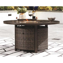 Pemberly Row Set of 2 Patio Round Fire Pit Table and Loveseat in Medium Brown