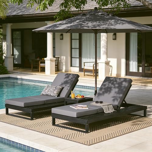 Merax 2 Piece Black Acacia Wood Chaise Lounge with 4-Inch Dark Grey 3-Fold Cushion Set, 4-Position Adjustable Outdoor Patio Lounger with Flat Side Surface, for Poolside