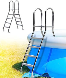 Double Sided 4 Step Pool Ladder, Above Ground Pool Ladder, Multi-Use Stainless Steel Pool Step Ladder with Anti-Slip Wide Pedal