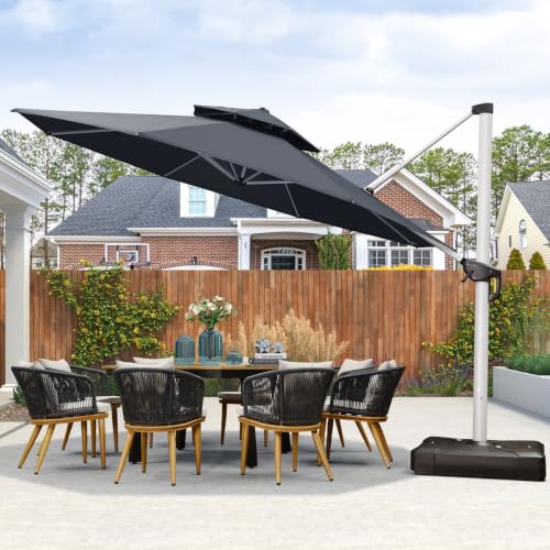 Outdoor Double Top Ronud Deluxe Cantilever Umbrella, With Base,Gray