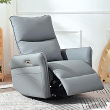 GDFStudio 270° Power Swivel Rocker Recliner Chair with USB & Type-C Ports, PU Leather Electric Glider Recliner, Upholstered Reclining Armchair with Side Pockets for Living Room, Bedroom, Blue Grey