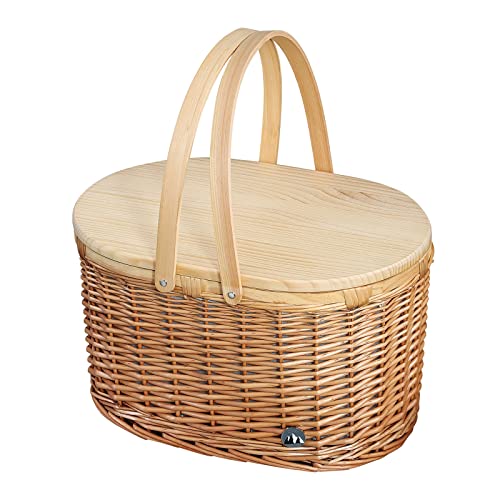 cilio Ancona Picnic Basket for 4 People, Braided Basket with Pine Lid, Picnic Basket with Cooling Compartment Including Plate Set, Cutlery and Glasses, Wicker Basket with Carry Handles, Light Brown