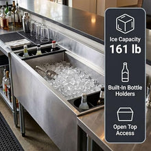18” x 48” Stainless Steel Underbar Ice Bin - 161 lb NSF Extra-Wide Commercial Bar Ice Chest with Sliding Lid, Bottle Holders, Insulated Storage, Backsplash, Drain Pipe