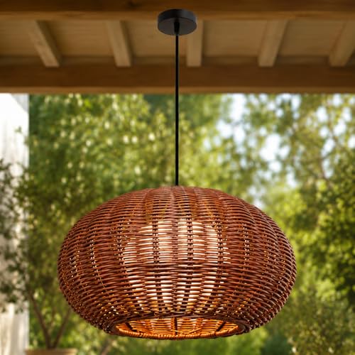 MIXL 24 Inch Outdoor Rattan Pendant Light for Balcony and Garden,Boho Style