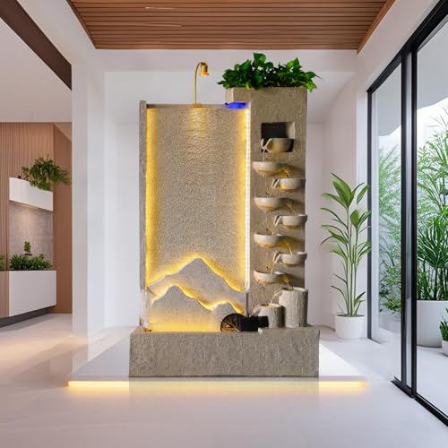 Luxury Elegant Cement Water Wall Tiered Fountain with Lights – 8.2ft Outdoor/Indoor Modern Landscape Feature,Europe Mountain Design, Housewarming,Shop Opening Gift(Left)(#B)